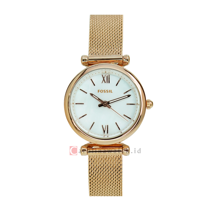 Jam Tangan Fossil Carlie Mini ES4433 Women White Mother of Pearl Dial Rose Gold Stainless Steel Strap