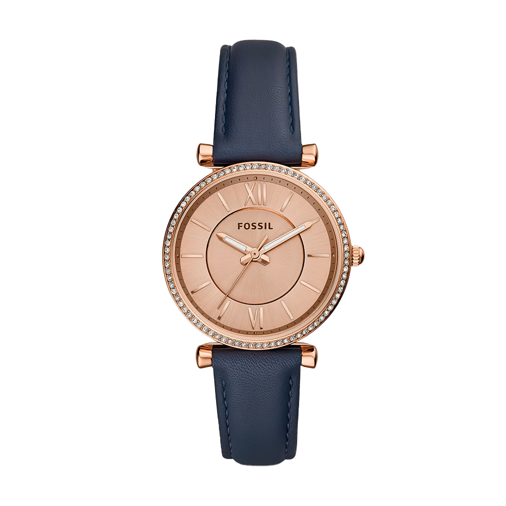 Jam Tangan Fossil Carlie ES4485 Women Rose Gold Dial Blue Navy Leather Strap