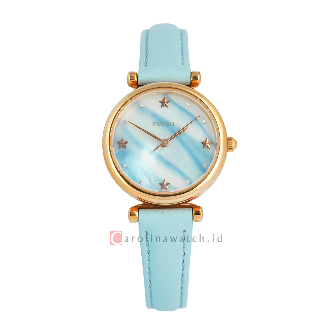 Jam Tangan Fossil Carlie Mini ES4528 Women Blue Mother Of Pearl Dial Turquoise Leather Strap