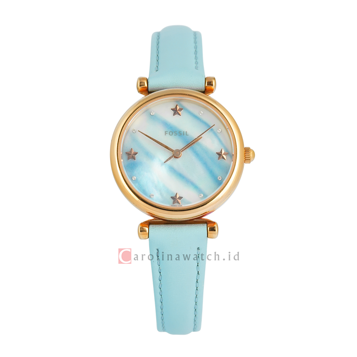 Jam Tangan Fossil Carlie Mini ES4528 Women Blue Mother Of Pearl Dial Turquoise Leather Strap