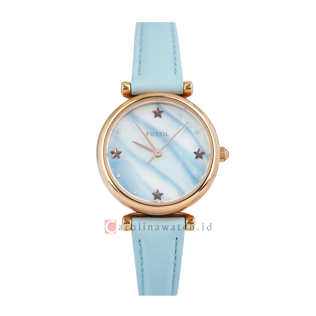 Jam Tangan Fossil Carlie Mini ES4528 Women Blue Mother Of Pearl Dial Turquoise Leather Strap