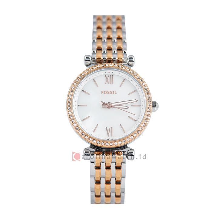 Jam Tangan Fossil Carlie Mini ES4649 Women White Mother of Pearl Dial Dual Tone Stainless Steel Strap