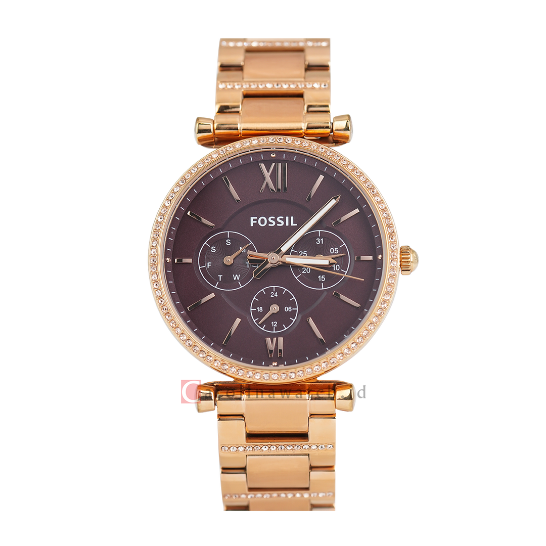 Jam Tangan Fossil Carlie ES4660 Multifunction Women Brown Dial Rose Gold Stainless Steel Strap