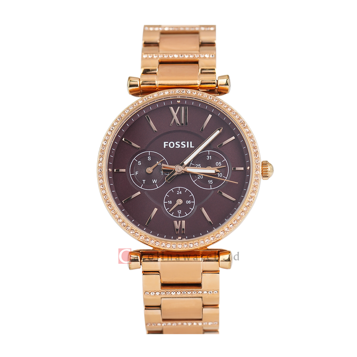 Jam Tangan Fossil Carlie ES4660 Multifunction Women Brown Dial Rose Gold Stainless Steel Strap