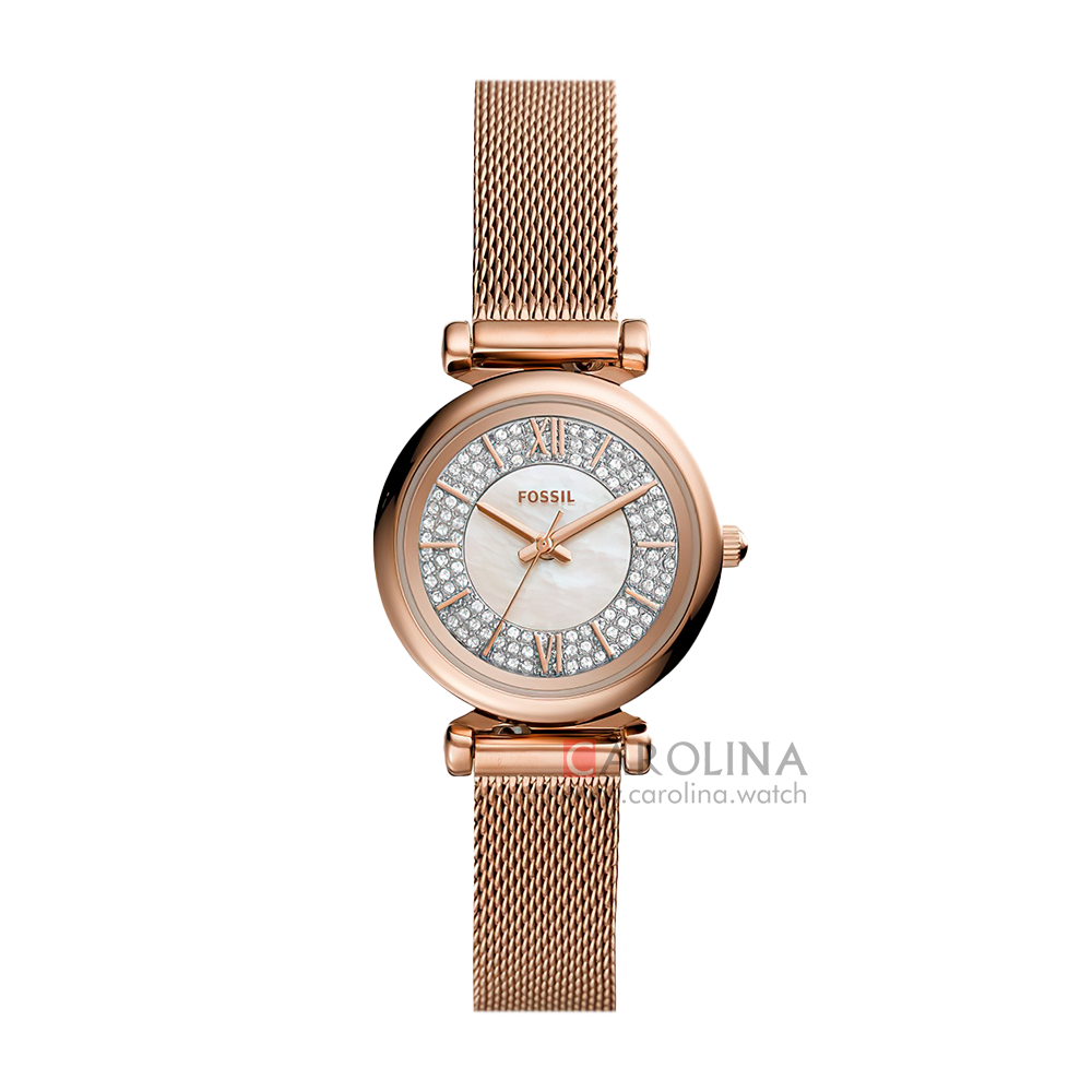 Jam Tangan Fossil Carlie Mini ES4836 Women Cream Crystals Dial Rose Gold Mesh Stainless Steel Strap