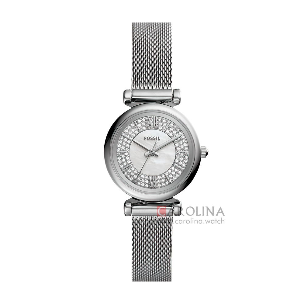 Jam Tangan Fossil Carlie Mini ES4837 Women White Crystals Dial Mesh Stainless Steel Strap