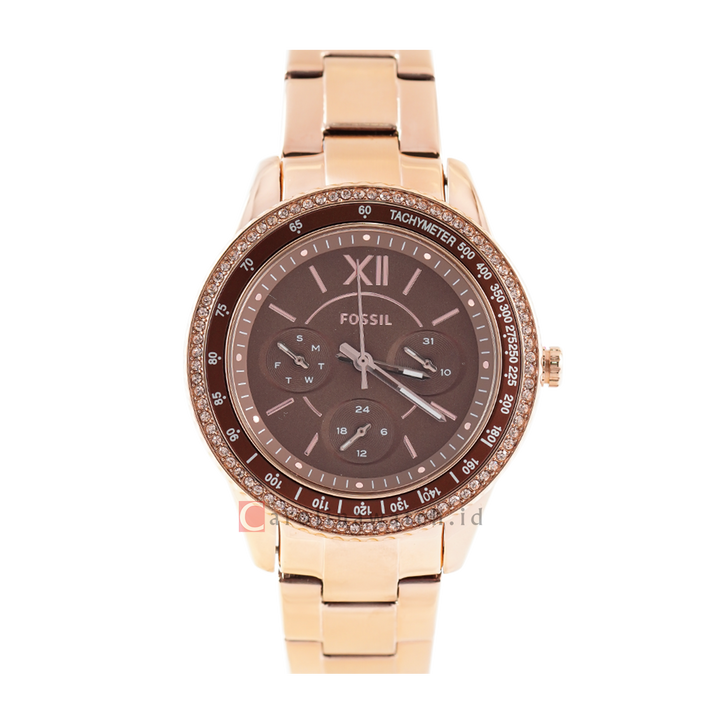 Jam Tangan Fossil Stella ES5109 Women Brown Dial Rose Gold Stainless Steel Strap