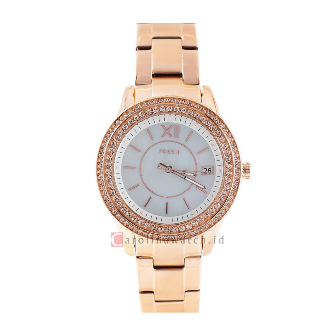 Jam Tangan Fossil Stella ES5131 Women White MOP Dial Rose Gold Stainless Steel Strap