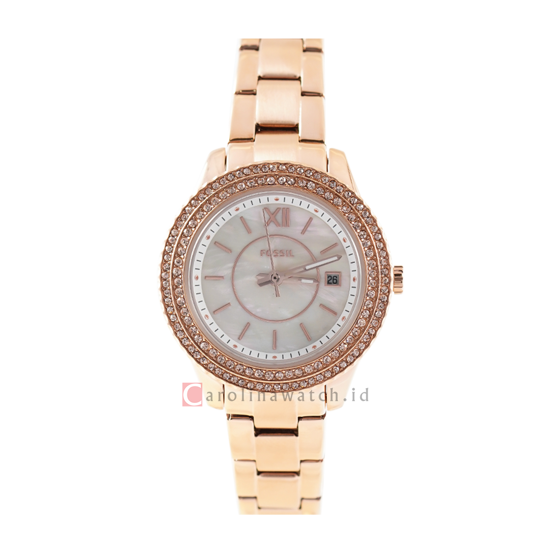 Jam Tangan Fossil Stella ES5136 Women White MOP Dial Rose Gold Stainless Steel Strap