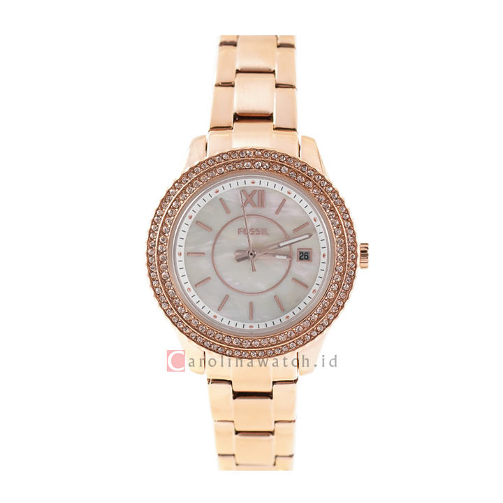 Jam Tangan Fossil Stella ES5136 Women White MOP Dial Rose Gold Stainless Steel Strap