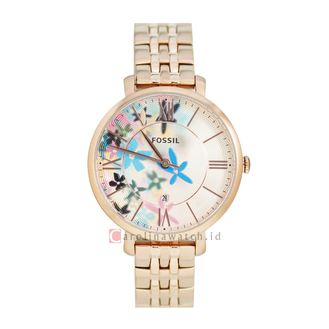 Jam Tangan Fossil Jacqueline ES5185 Women Rose Gold with Flower Motif Dial Rose Gold Stainless Steel Strap