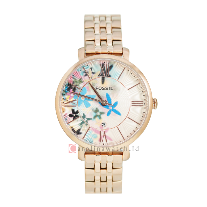 Jam Tangan Fossil Jacqueline ES5185 Women Rose Gold with Flower Motif Dial Rose Gold Stainless Steel Strap