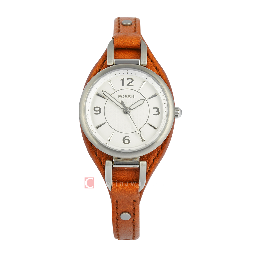 Jam Tangan Fossil Carlie ES5214 Women Silver Dial Brown Leather Strap
