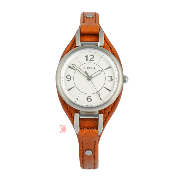 Jam Tangan Fossil Carlie ES5214 Women Silver Dial Brown Leather Strap