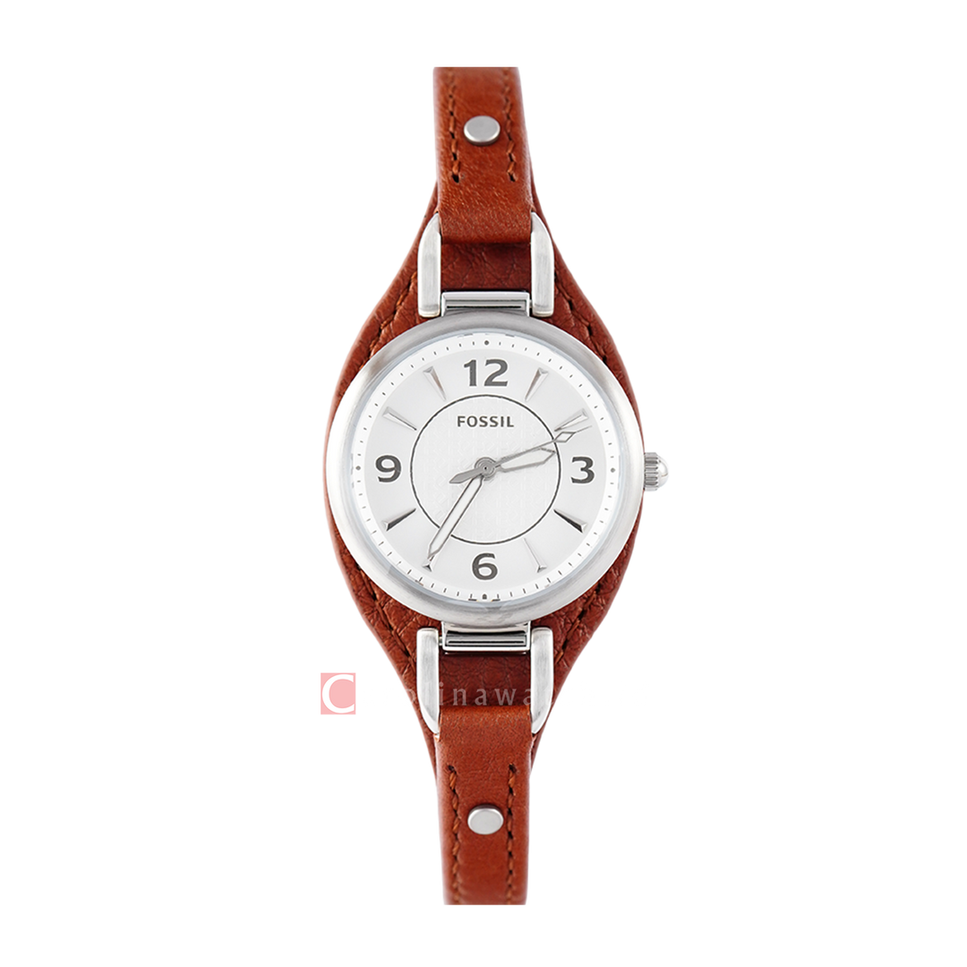 Jam Tangan Fossil Carlie ES5214 Women Silver Dial Brown Leather Strap