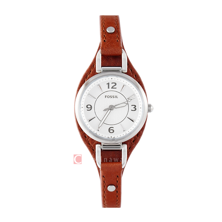 Jam Tangan Fossil Carlie ES5214 Women Silver Dial Brown Leather Strap