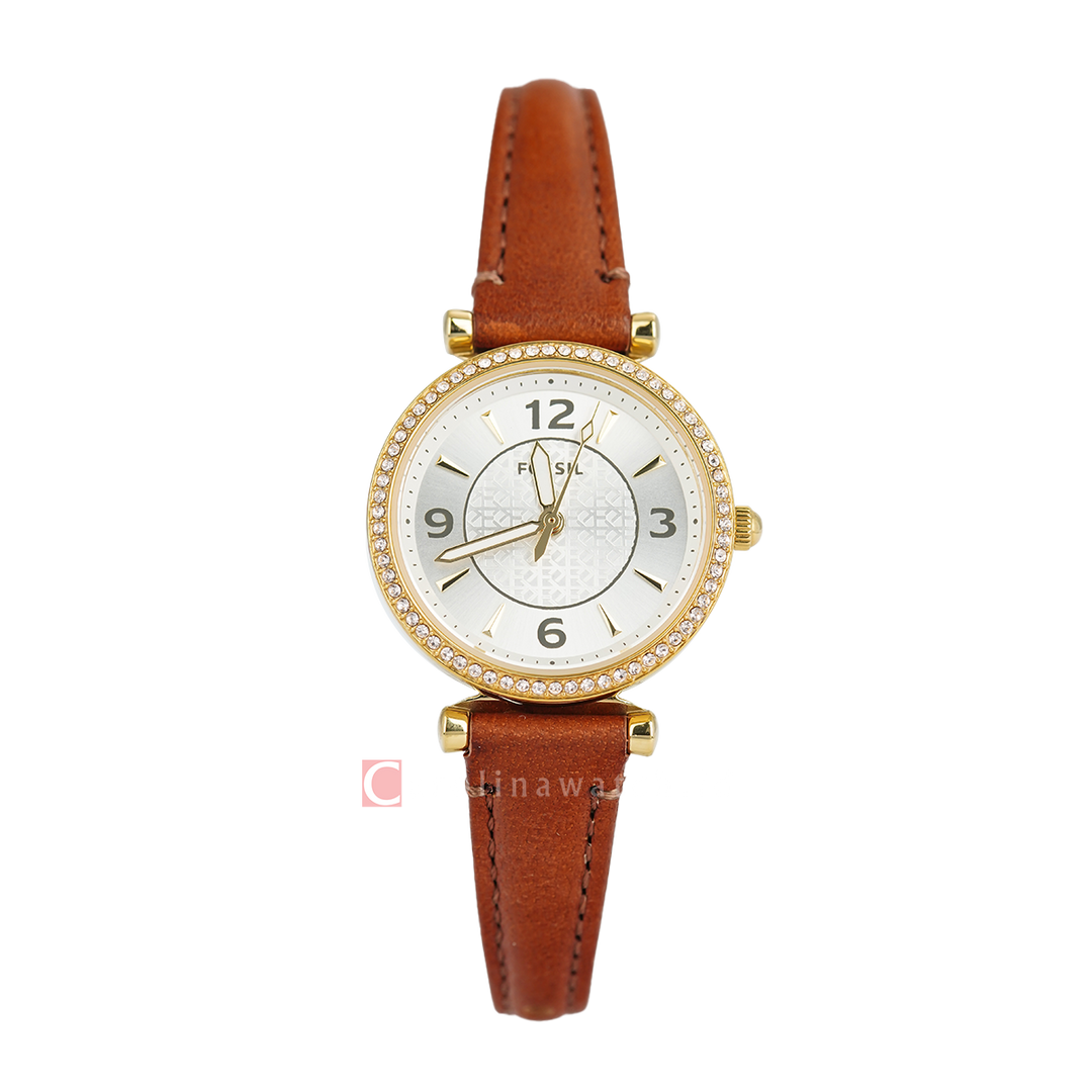 Jam Tangan Fossil Carlie ES5297 Women Silver Dial Brown Leather Strap