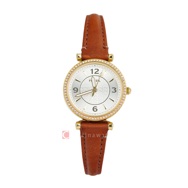 Jam Tangan Fossil Carlie ES5297 Women Silver Dial Brown Leather Strap