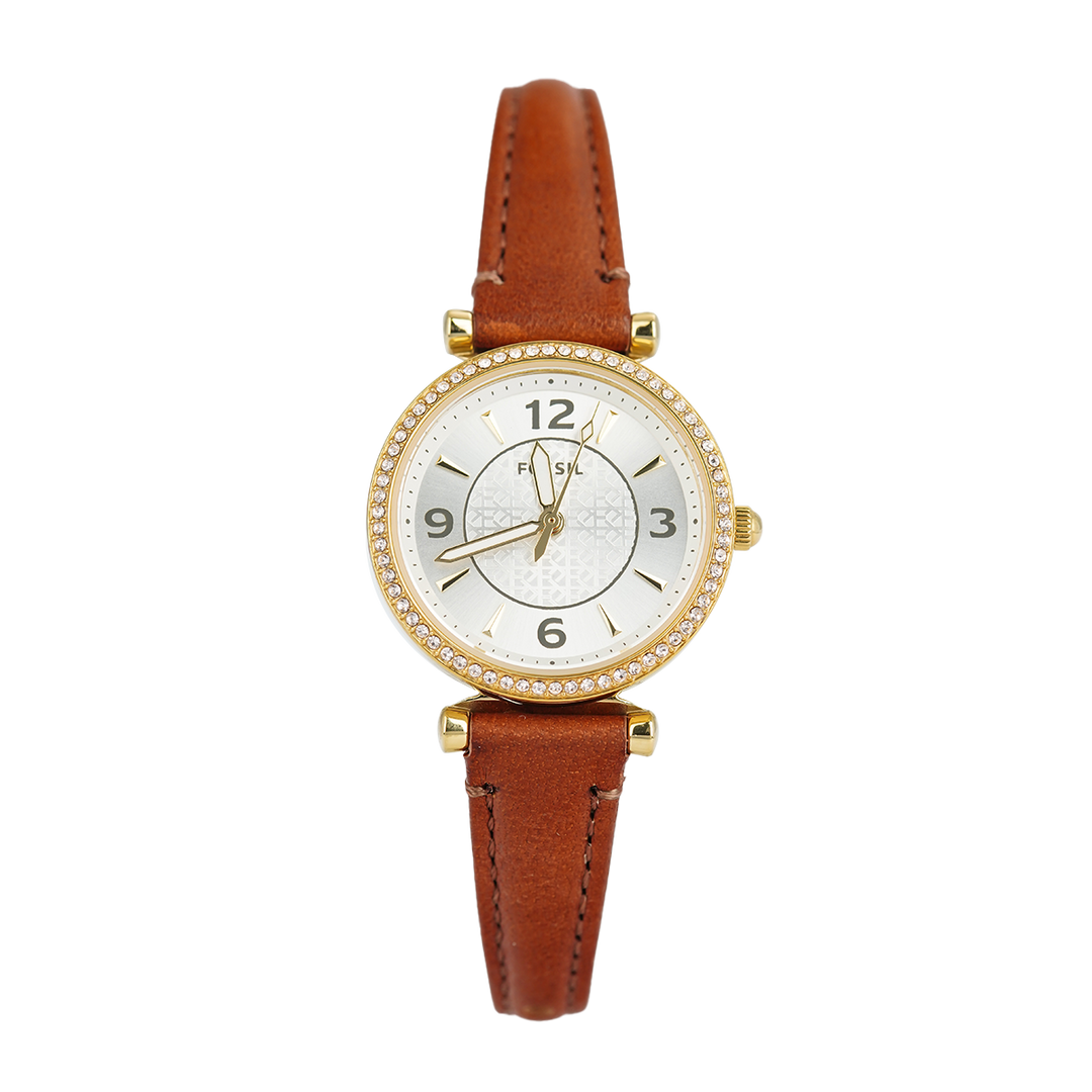 Jam Tangan Fossil Carlie ES5297 Women Silver Dial Brown Leather Strap