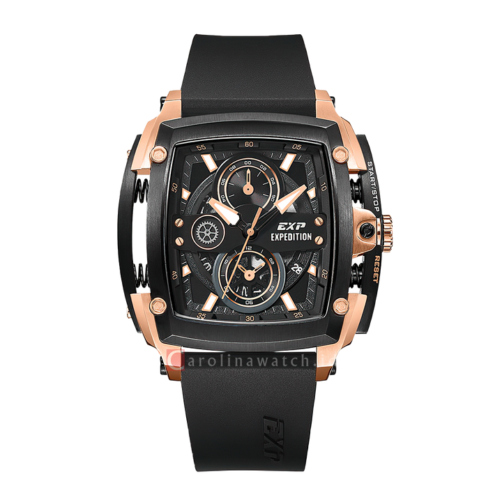 Jam Tangan Expedition EXP Chronograph EX 3008 GCRGRBA Men Black Dial Black Rubber Strap