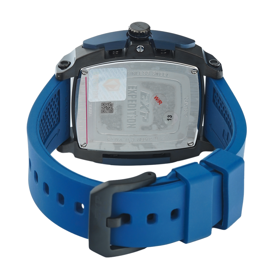 Jam Tangan Expedition EXP Chronograph EX 3008 GCRGUBA Men Black Dial Blue Rubber Strap