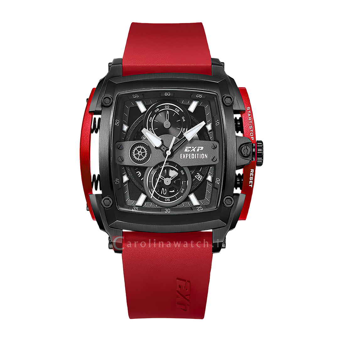 Jam Tangan Expedition EXP Chronograph EX 3008 GCRIGBARE Men Black Dial Red Rubber Strap