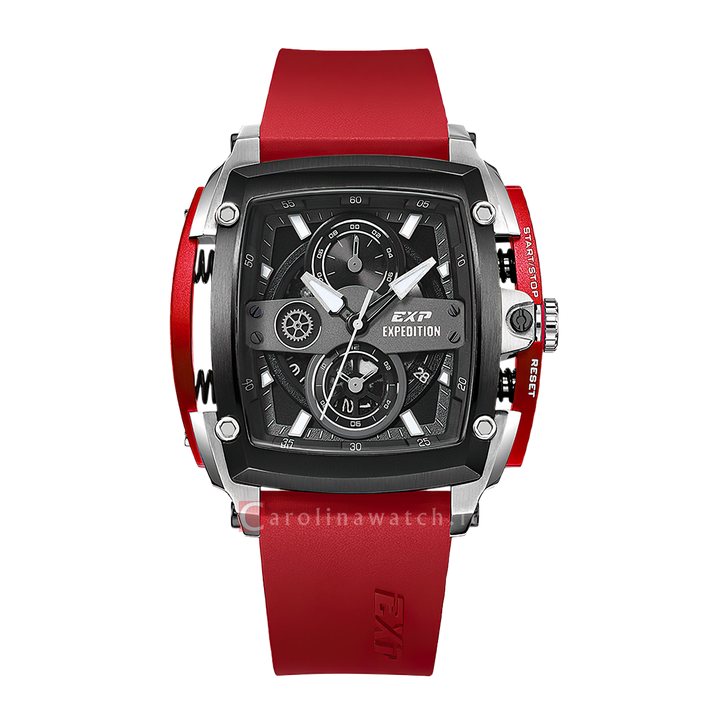 Jam Tangan Expedition EXP Chronograph EX 3008 GCRTEBARE Men Black Dial Red Rubber Strap
