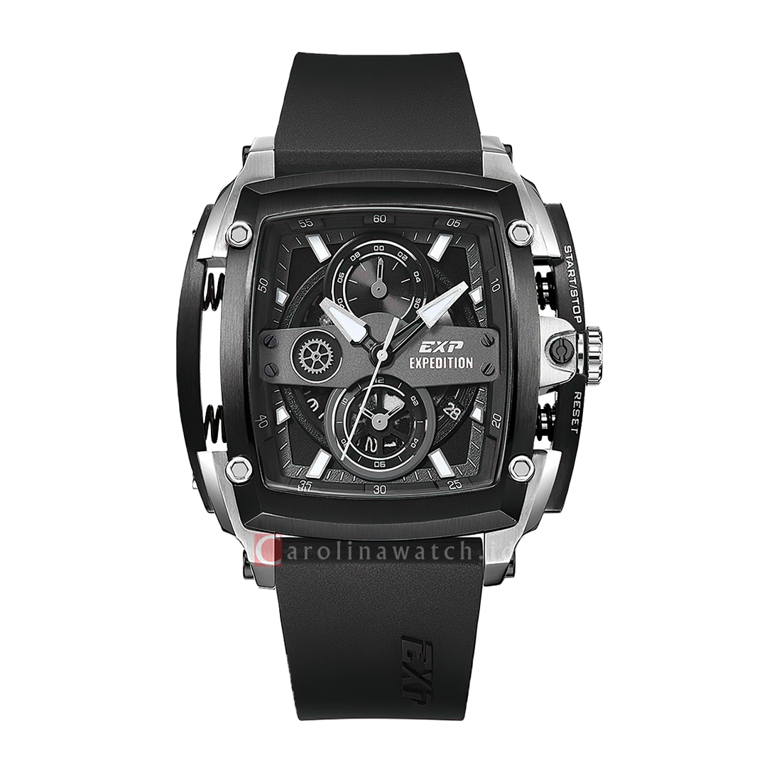 Jam Tangan Expedition EXP Chronograph EX 3008 GCRTEBA Men Black Dial Black Rubber Strap