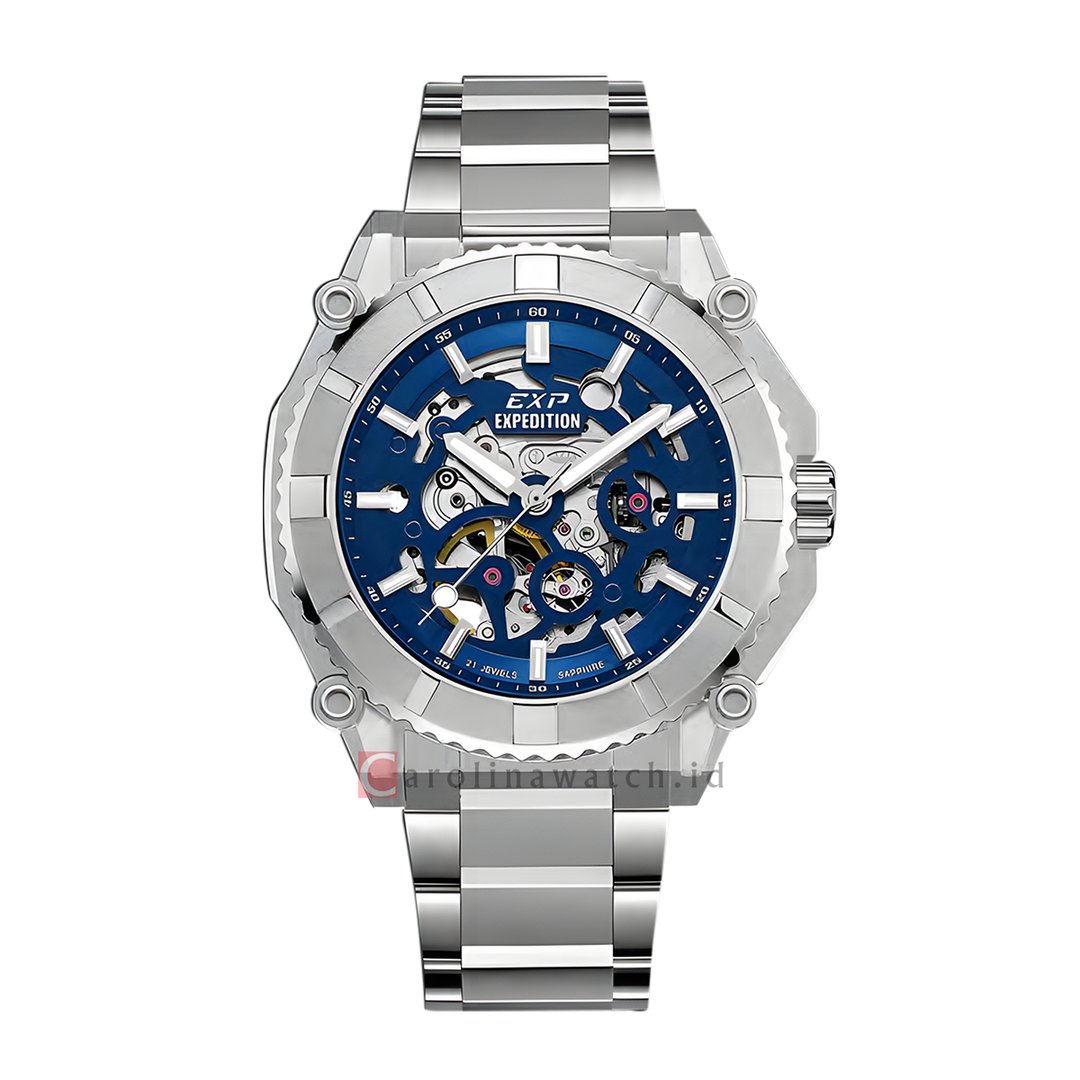 Jam Tangan Expedition Exp Chronograph Exp EX 3009 MABSSBU Men Automatic Skeletonized Open Heart Blue Dial Stainless Steel Strap
