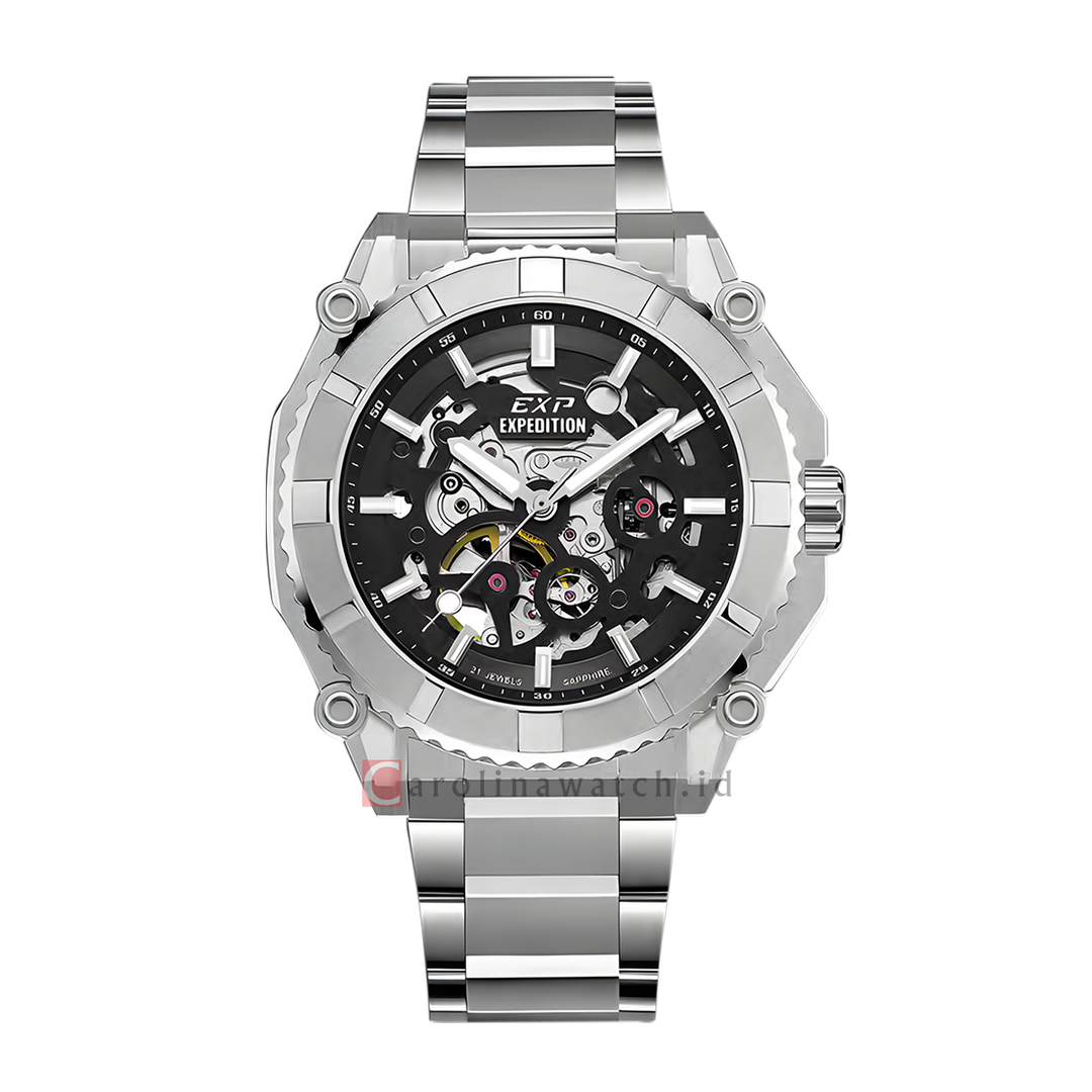 Jam Tangan Expedition Exp Chronograph Exp EX 3009 MABSSGR Men Automatic Skeletonized Open Heart Grey Dial Stainless Steel Strap
