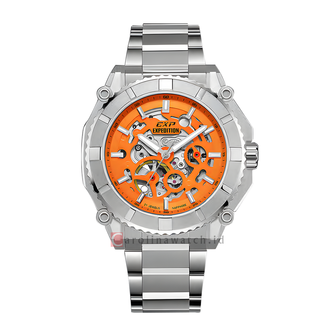 Jam Tangan Expedition Exp Chronograph Exp EX 3009 MABSSOR Men Automatic Skeletonized Open Heart Orange Dial Stainless Steel Strap