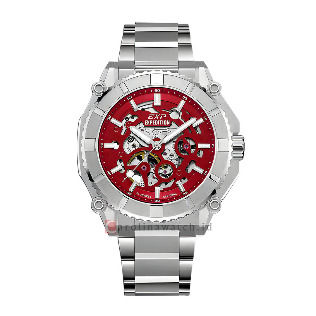Jam Tangan Expedition Exp Chronograph Exp EX 3009 MABSSRE Men Automatic Skeletonized Open Heart Red Dial Stainless Steel Strap