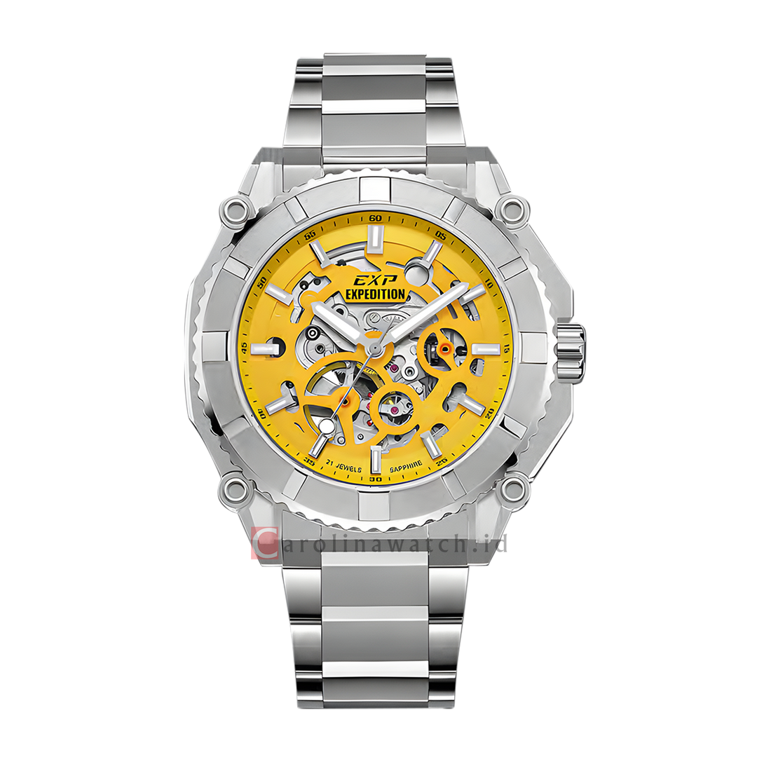 Jam Tangan Expedition Exp Chronograph Exp EX 3009 MABSSYL Men Automatic Skeletonized Open Heart Yellow Dial Stainless Steel Strap
