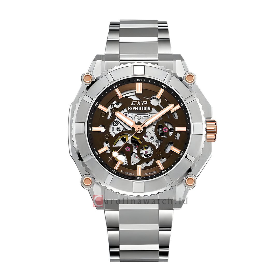 Jam Tangan Expedition Exp Chronograph Exp EX 3009 MABTRBO Men Automatic Skeletonized Open Heart Brown Dial Stainless Steel Strap