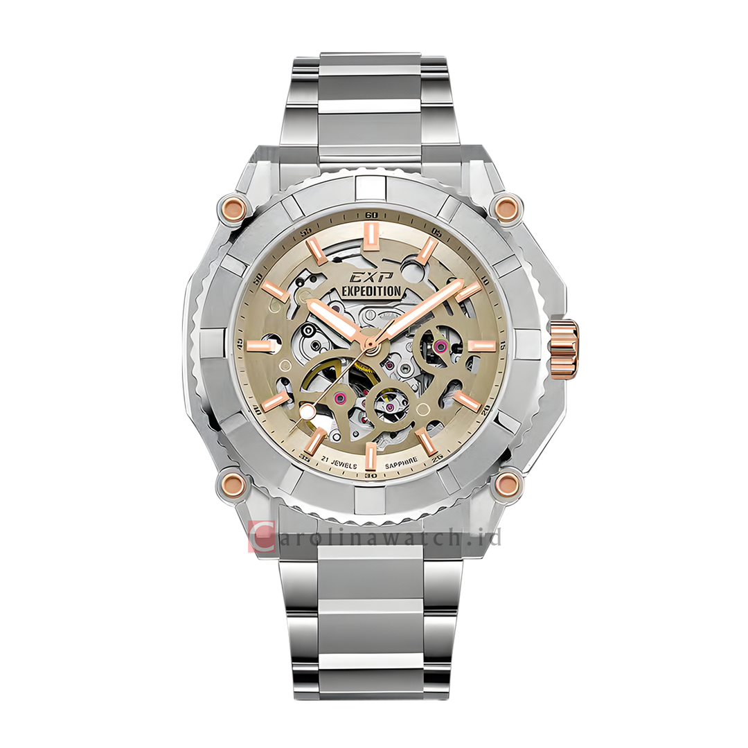 Jam Tangan Expedition Exp Chronograph Exp EX 3009 MABTRIV Men Automatic Skeletonized Open Heart Gold Yellow Dial Stainless Steel Strap