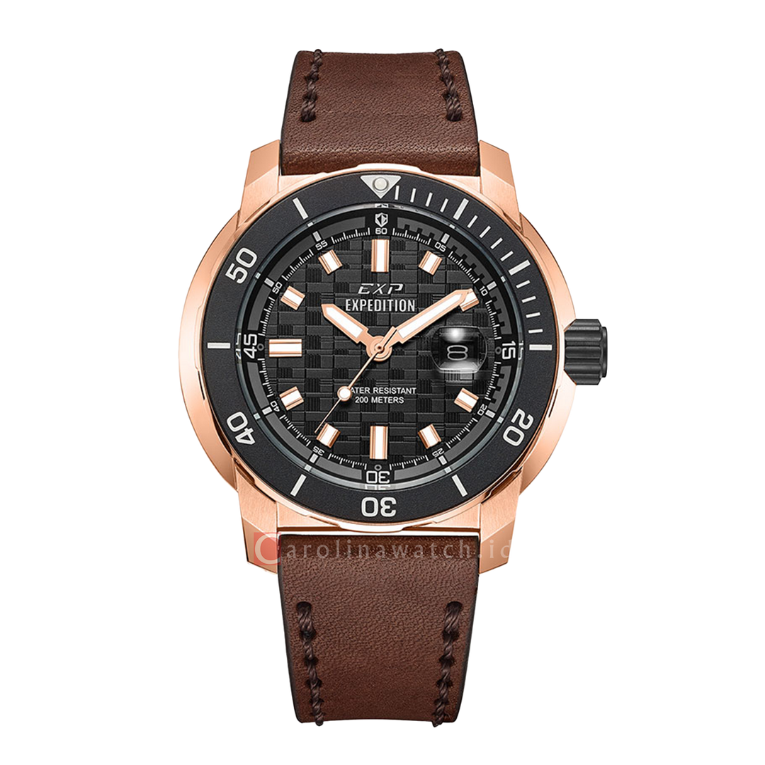 Jam Tangan Expedition EXP EX 6335 MDLBRBA Men Black Dial Brown Leather Strap