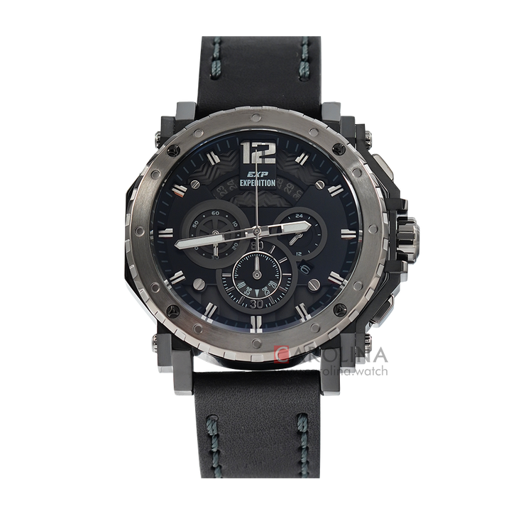 Jam Tangan Expedition EXP EX 6402 BCLEPBA Men Black Dial Black Leather Strap