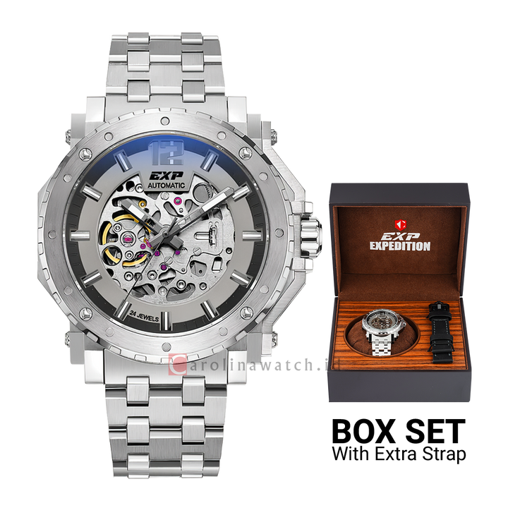 Jam Tangan Expedition EXP EX 6402 MABSSGR Men Skeleton Silver Dial Stainless Steel Strap