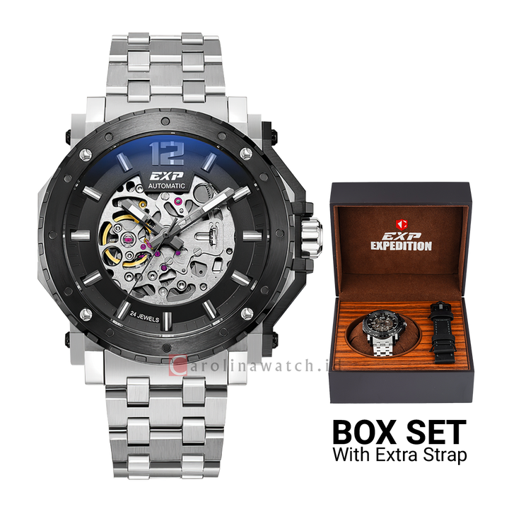 Jam Tangan Expedition EXP EX 6402 MABTBBA Men Skeleton Black Dial Stainless Steel Strap