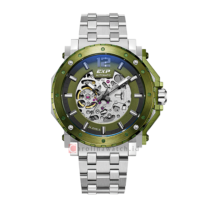 Jam Tangan Expedition EXP EX 6402 MABTOGN Men Skeleton Green Dial Stainless Steel Strap