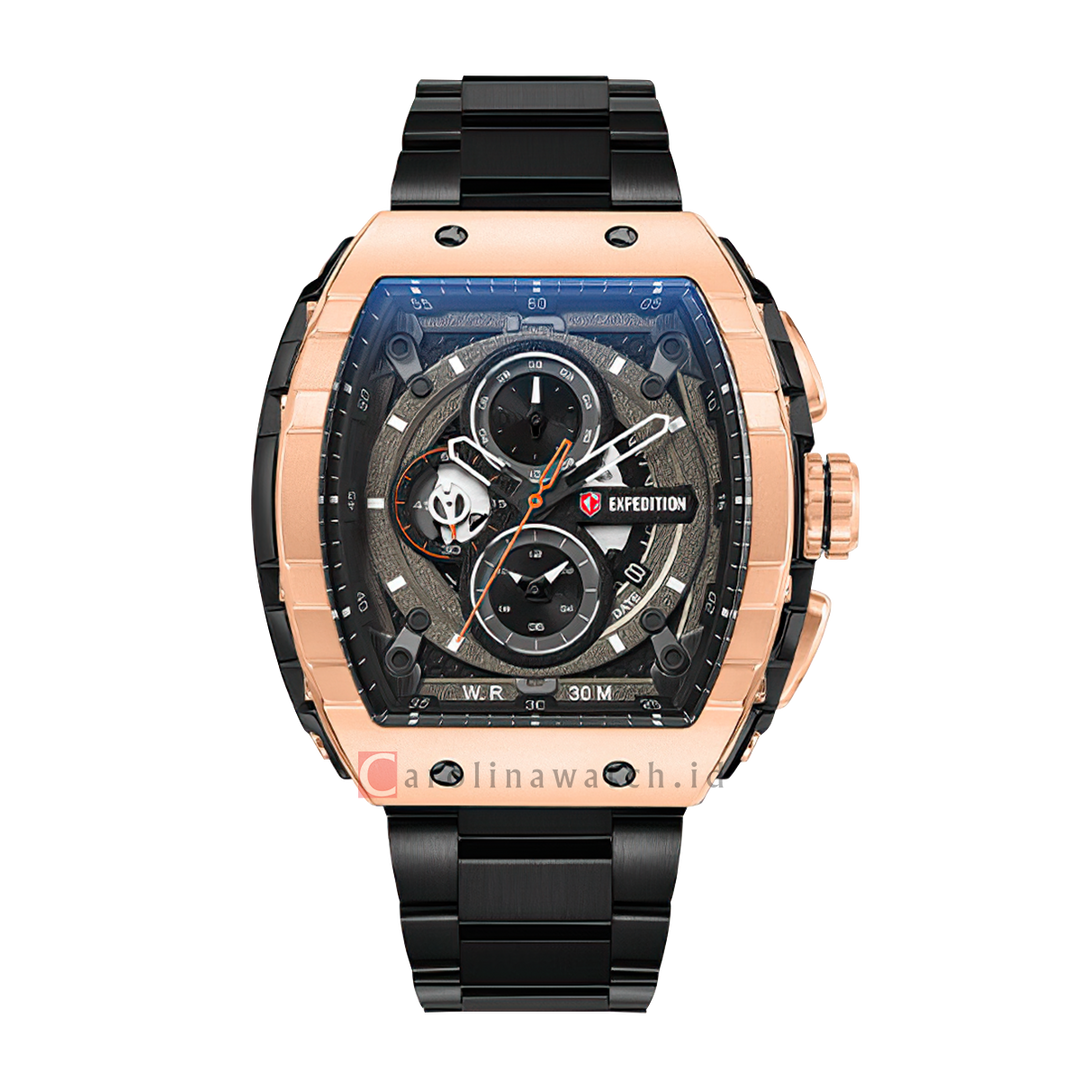Jam Tangan Expedition EXP Chronograph EX 6782 MCBBRBA Men Black Dial Black Stainless Steel Strap