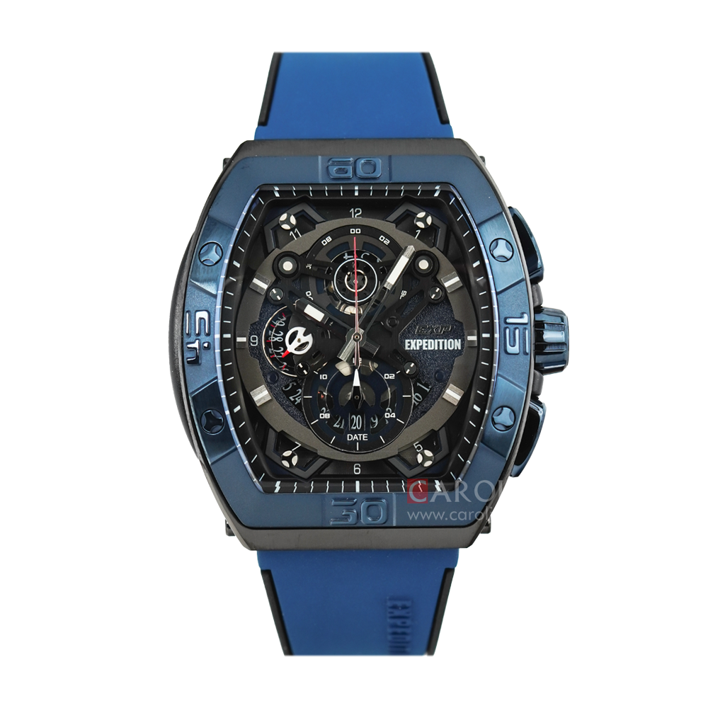 Jam Tangan Expedition EXP EX 6800 MCRUBBA Men Black Dial Blue Rubber Strap