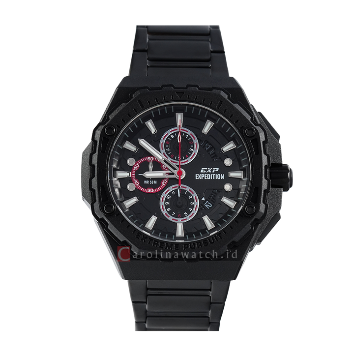 Jam Tangan Expedition EXP Chronograph EX 6824 MCBIPBARE Men Black Dial Black Stainless Steel Strap + Extra Strap