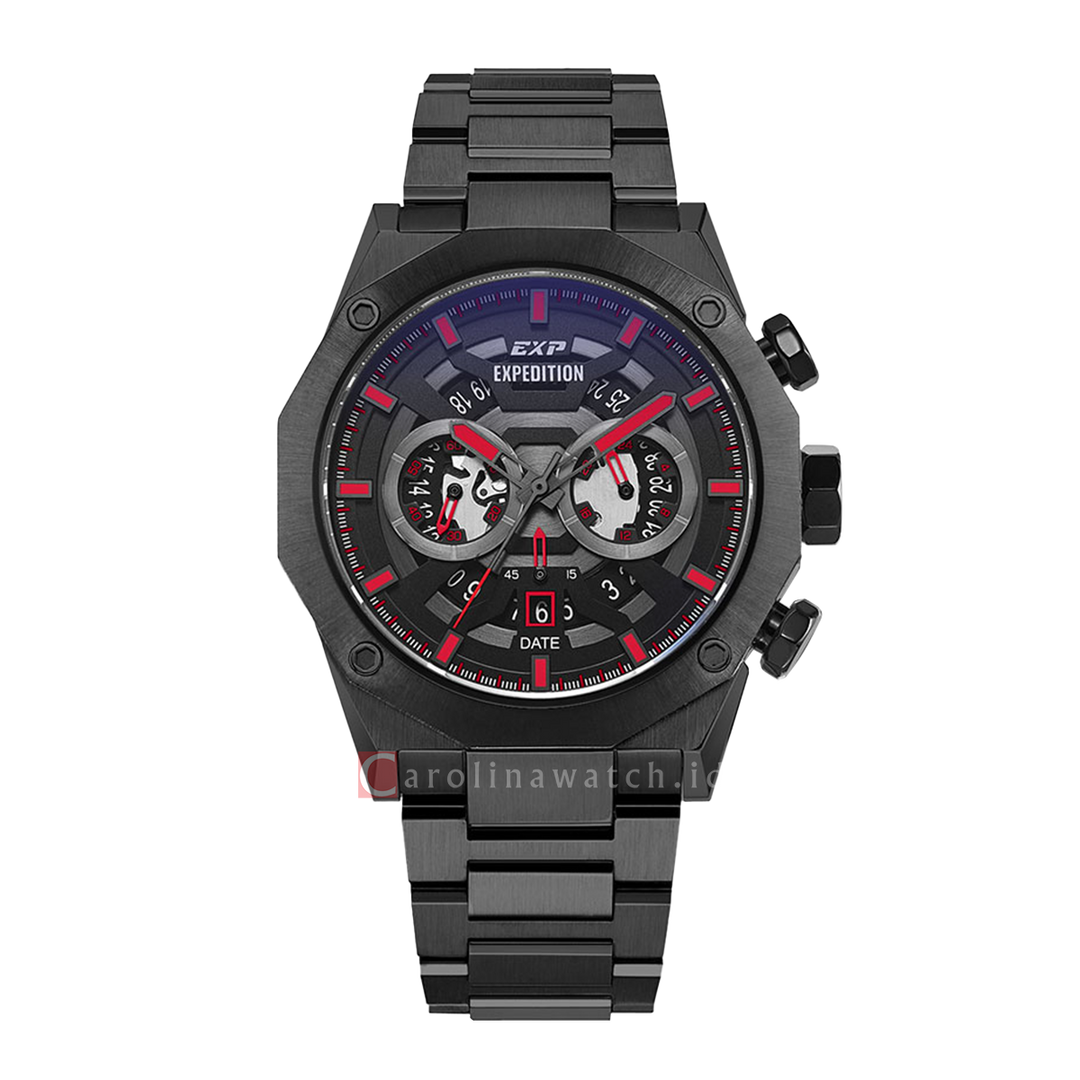 Jam Tangan Expedition EXP Chronograph EX 6834 MCBIPBARE Men Black Dial Black Stainless Steel Strap