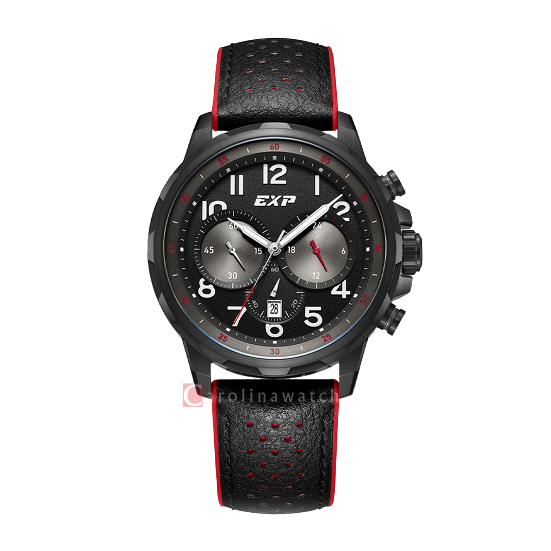 Jam Tangan Expedition EXP Sport EX 6843 MCRIPBARE Men Chronograph Black Dial Black Leather Strap