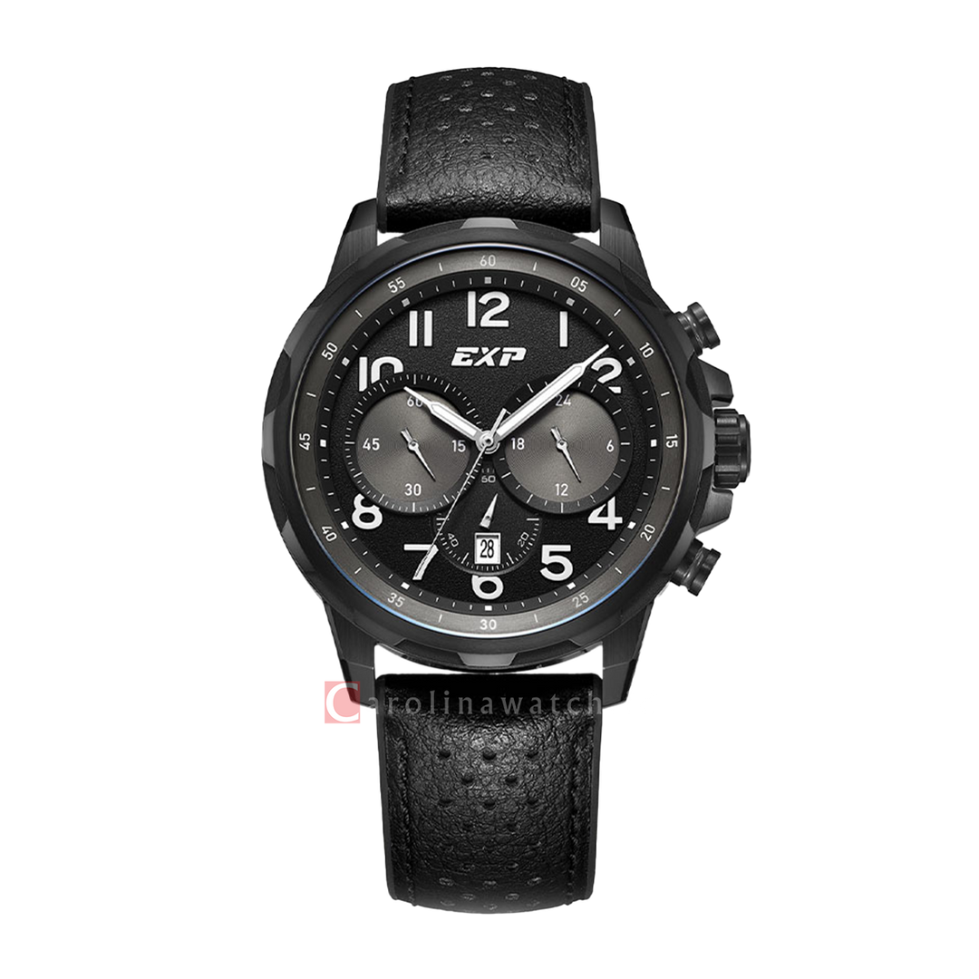 Jam Tangan Expedition EXP Sport EX 6843 MCRIPBA Men Chronograph Black Dial Black Leather Strap