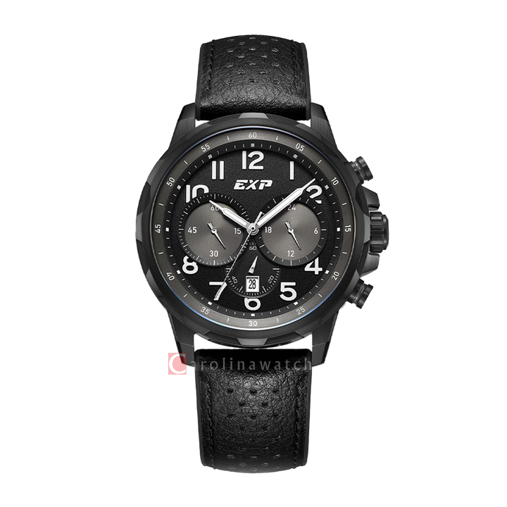 Jam Tangan Expedition EXP Sport EX 6843 MCRIPBA Men Chronograph Black Dial Black Leather Strap