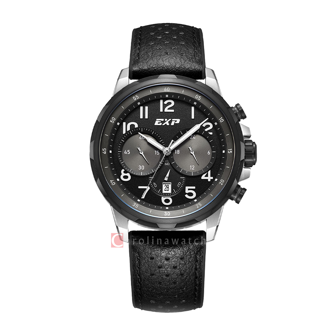 Jam Tangan Expedition EXP Sport EX 6843 MCRTBBA Men Chronograph Black Dial Black Leather Strap