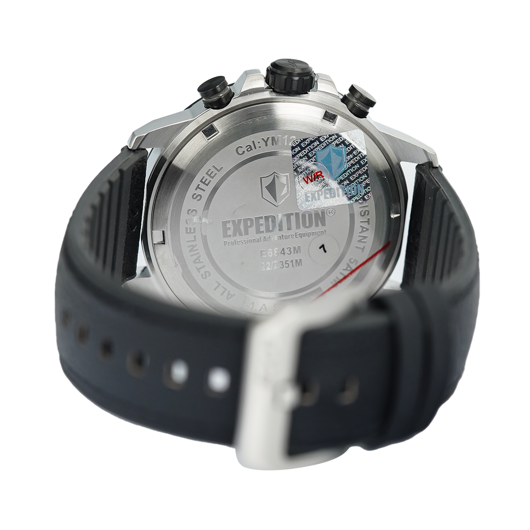 Jam Tangan Expedition EXP Sport EX 6843 MCRTBBA Men Chronograph Black Dial Black Leather Strap