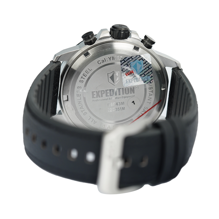 Jam Tangan Expedition EXP Sport EX 6843 MCRTBBA Men Chronograph Black Dial Black Leather Strap